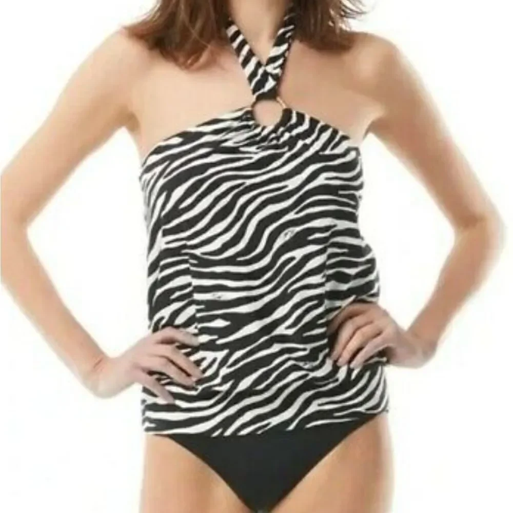 Michael Kors Black Logo-Ring Blouson Tankini Top & Hipster Bottom Size Medium